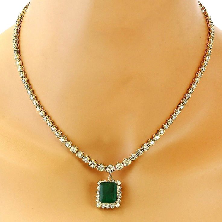 13.80 Carat Natural Emerald 14K Solid Yellow Gold Diamond Necklace - Fashion Strada Emerald And Diamond Necklace, Emerald Eternity Ring, Diamond Pendant Jewelry, Green Stone Pendant, Gold Drop Necklace, Bridal Necklace Designs, Green Stone Necklace, Diamond Necklace Designs, Necklace With Pendant