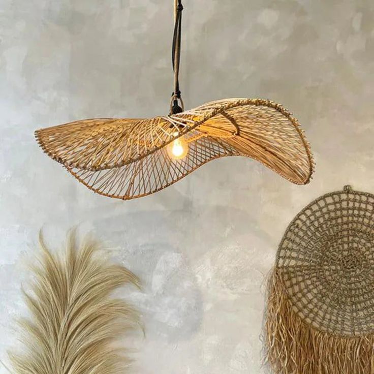 two woven lamps hanging from the ceiling next to some plants and feathers on a table