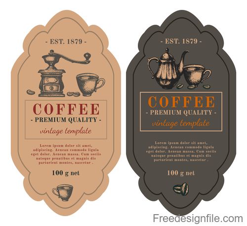 two labels for coffee with cups and kettles