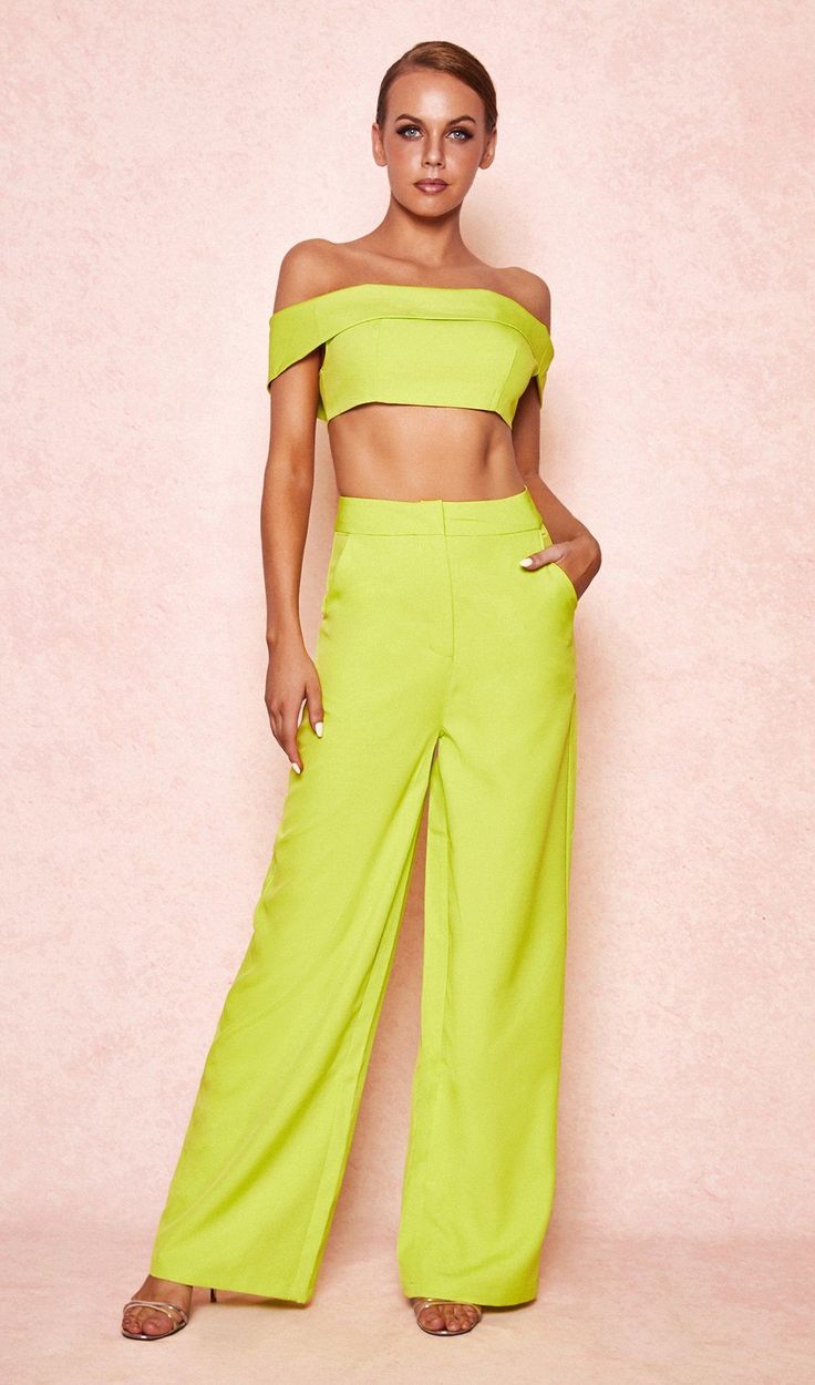 NEON GREEN WIDE LEG TROUSERS Summer Party Stretch Pantsuit, Summer Stretch Pantsuit For Party, Chic Off-shoulder Summer Sets, High Waist Green Bottoms For Evening, Chic Fitted Off-shoulder Set, Off-shoulder Summer Party Sets, Green Pants For Evening And Summer, Chic Off-shoulder Spring Sets, Green Evening Pants For Summer