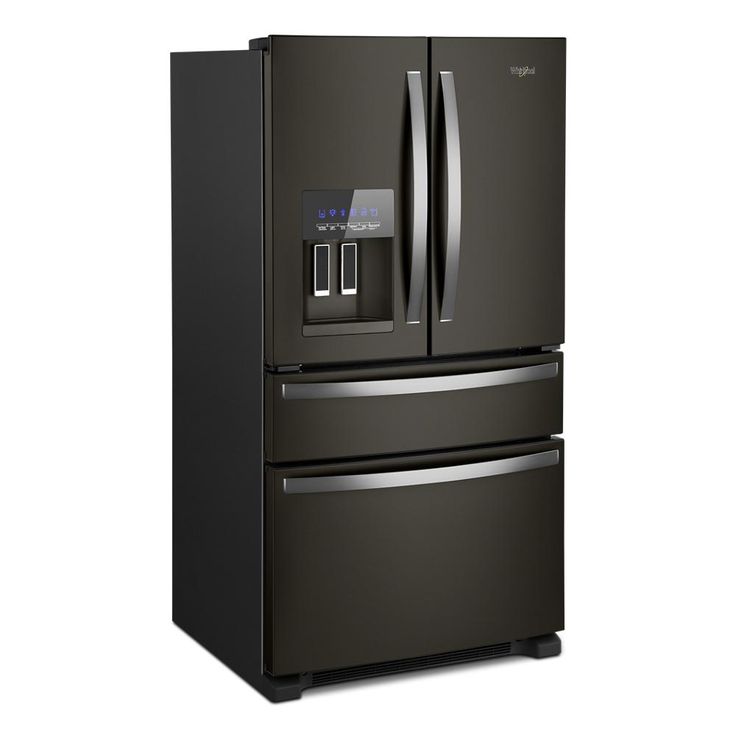 a black refrigerator freezer sitting in front of a white background with the door open