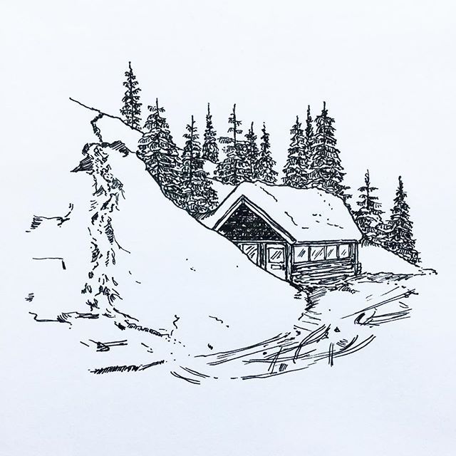 a drawing of a cabin in the snow