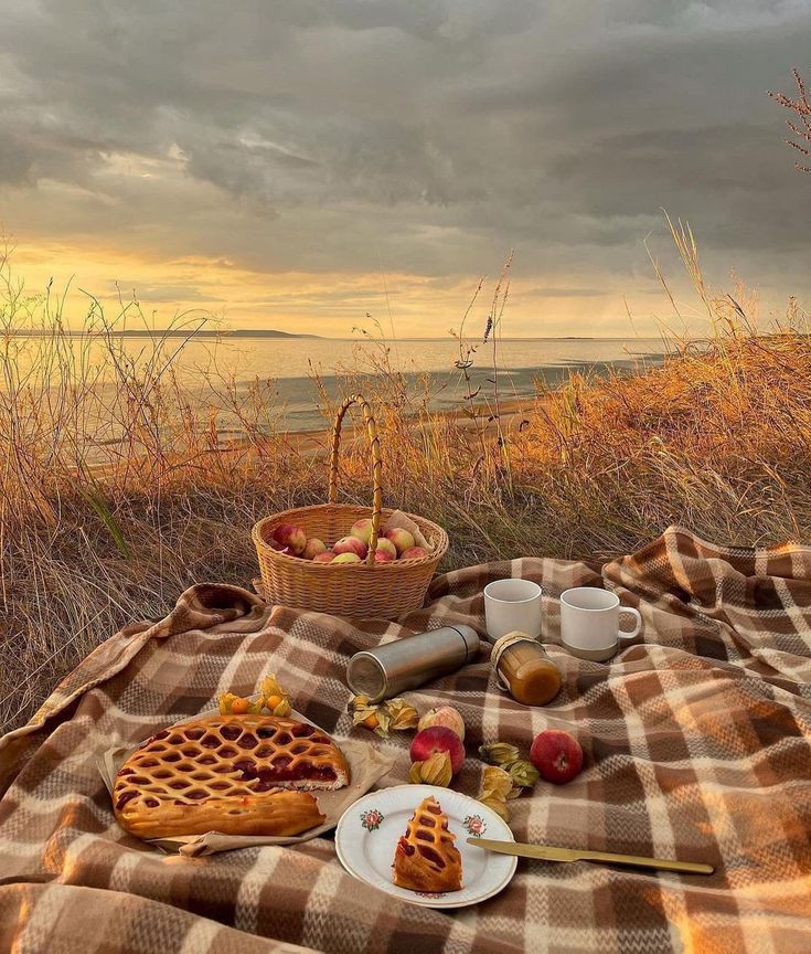 a picnic blanket on the beach with food and drinks laid out in front of it