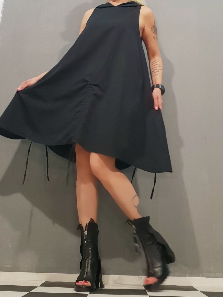 "Linen Hooded Dress, Avant Garde Linen Dress, Deconstructed Top, Black Loose Dress, Asymmetrical Dress, Oversized Dress, Extravagant Top, Sleeveless Top, New collection  ❤️ Extravagant designs and high quality fabrics! ❤️ Materials & Care Linen Hand wash at low temperatures. Do not machine dry. Do not iron. Do not dry clean! ❤️ Sizing We can make your piece from XS to 5XL! Everything in the shop can be also made according to your measures free of charge! ❤️ Shipping ✈ Ready to ship The time I ne Alternative Fashion Dresses With Asymmetrical Hem For Spring, Casual Sleeveless Dress For Alternative Fashion, Sleeveless Summer Dress For Alternative Fashion, Black Sleeveless Asymmetrical Dress For Spring, Black Stretch Asymmetrical Dress For Summer, Sleeveless Mini Dress For Alternative Spring Fashion, Sleeveless Mini Dress For Spring Alternative Fashion, Black Stretch Asymmetrical Summer Dress, Summer Stretch Black Asymmetrical Dress