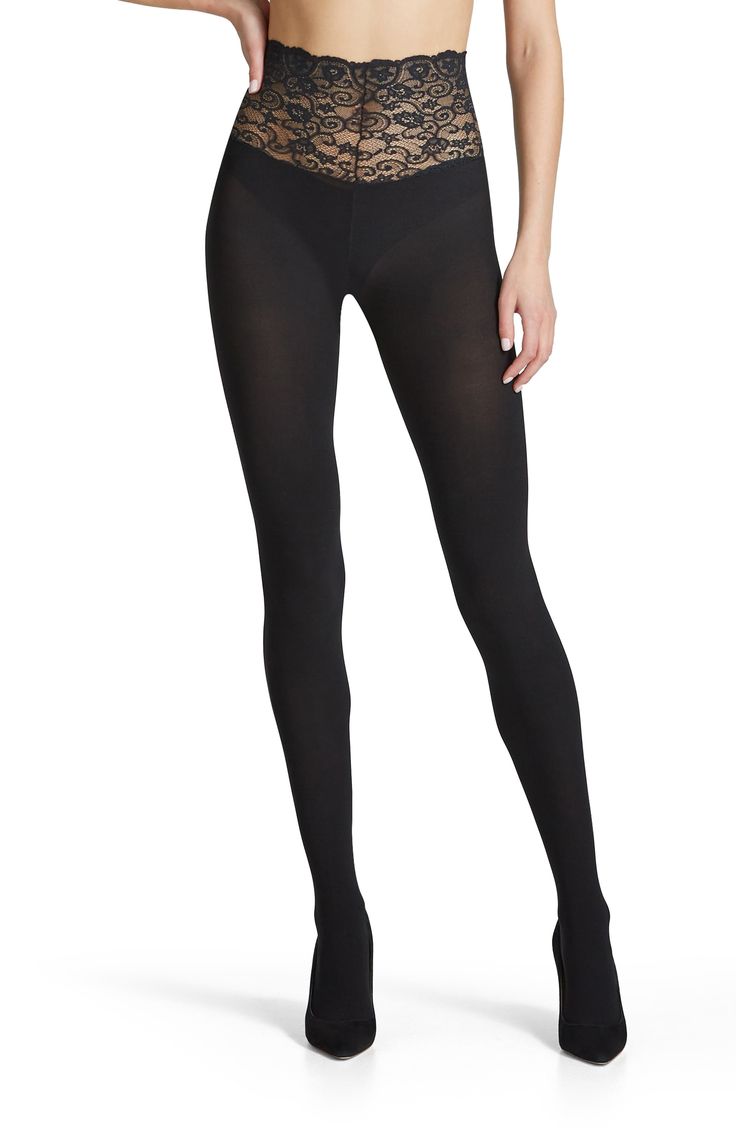 Feel your most irresistible in these opaque tights with a flirty lace waistband. Cotton-lined gusset Nylon/elastane Hand wash, dry flat Made in the USA of imported fabric Black Chic Elastane Tights, Chic Black Elastane Tights, Seamless High Stretch Elastane Tights, Stretch Full Length Elastane Legwear, Stretch Elastane Legwear, Stretch Full-length Elastane Legwear, High-cut Leg Elastane Tights, Elegant Full-length Compression Tights, Classic Full Length Stretch Hosiery