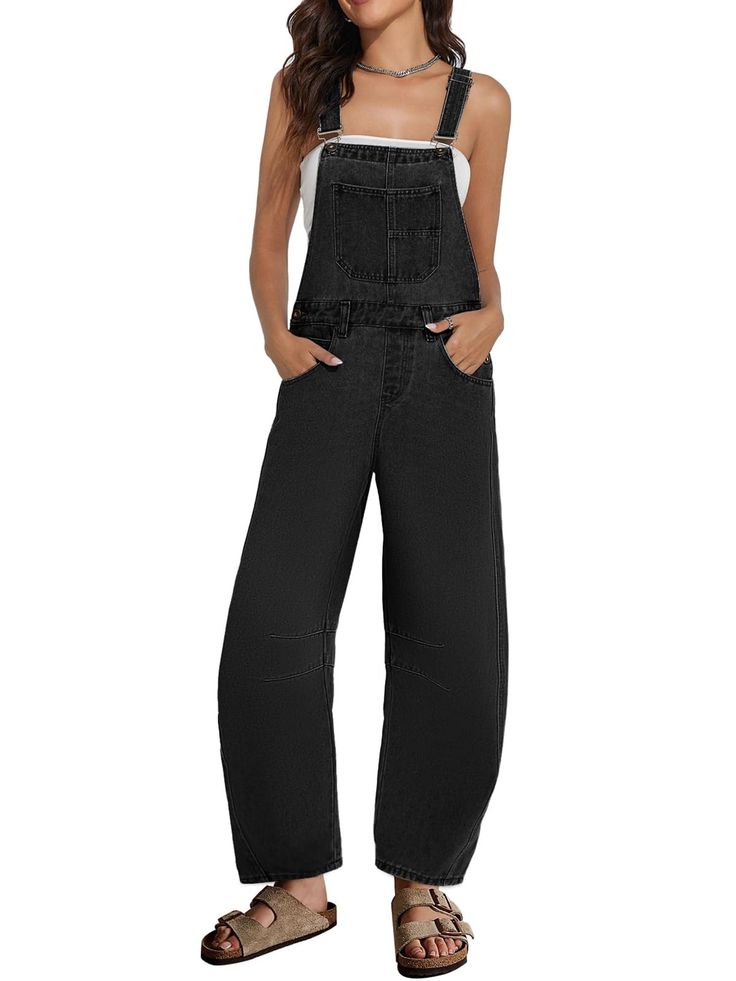 PRICES MAY VARY. [PREMIUM RIGID DENIM]: Crafted from vintage denim fabric (80% cotton, 20% polyester), the barrel overalls exude exceptional quality. Soft, breathable, and skin-friendly, this non-stretch baggy jean ensures both comfort and style throughout all seasons. [FASHION DESIGN]: MAOECO denim jumpsuits for women feature adjustable brace straps, side buttons, cross back, tapered knees, full length, wide barrel-legs; The baggy boyfriend style exudes vintage vibes for a chic and stylish look Black Overalls Outfit Dressy, Black Jean Overalls Outfit, Overalls Outfit Dressy, Amazon Overalls, Denim Jumpsuits For Women, Jean Overall Outfits, Black Overalls Outfit, Loose Baggy Jeans, Jumpsuits For Women Casual