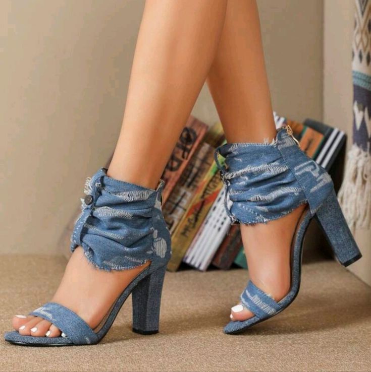 Blue Ripped Chunky Heeled Denim Ankle Strap Sandals Back Zipper High Heel 3.7 Inch Baby Blue Upper Material: Denim Lining Material: Pu Leather Insole Material: Pu Leather Outsole Material: Pvc Shoe Makeover, Chunky Heels Casual, Denim Sandals, Fashion Design Sketch, African Lace Dresses, Ankle Strap Sandals Heels, Denim Shoes, Comfy Shoes, Ankle Strap Heels