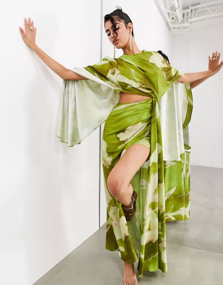 ASOS EDITION satin volume flare sleeve grecian cut out maxi dress in green floral | ASOS Chic Green Maxi Dress With Draped Sleeves, Green Maxi Dress With Draped Sleeves, Green Maxi Dress With Draped Sleeves For Party, Green Fitted Maxi Dress With Draped Sleeves, Green Kimono Sleeve Dress For Spring, Green Draped Silk Maxi Dress, Green Draped Spring Dress, Spring Green Draped Dress, Green Summer Dress With Cape Sleeves