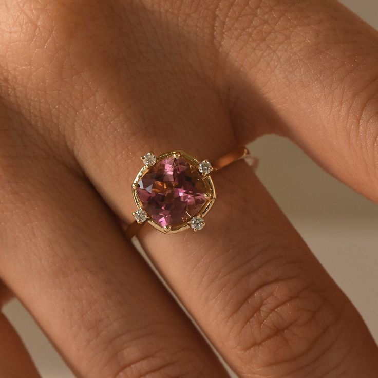 "Antique Pink Tourmaline Ring 14k Rose Gold,Cushion Engagement Ring,October Wedding Ring,Diamond Accented,Art Deco Proposal Ring,Gift for Her ★ ★ ★  CUSTOM/DUTY-FREE SHIPPING WORLDWIDE, BUYERS DON'T HAVE TO PAY ANY CUSTOM FEES WHILE IMPORTING ★ ★ ★ ★  Details ★ Made to order Material: 14k/18k gold Color Options: Yellow Gold, White Gold, Rose Gold ★ Center Stone Pink Tourmaline, Cushion Size: 8mm Approx Weight (Ct): 2.8 ★ Accent Stones Diamond/Moissanite Round Size: 1.6 mm * 4 No.s Approx Weight (Ct): 0.14 ★ 100% Natural Diamond and Gemstones ★ Diamond: Round Brilliant cut, G-H Color, SI Clarity ☂ Shipped with Insured Shipping within 4-7 business days. ➦ 100% Free Returns. ➦ Our Jewelry comes with a Lifetime Warranty. (Stone Replacement not included) ✈ We offer free EXPRESS shipping across Rose Gold Topaz Ring With Accent Stones, Fine Jewelry Rose Gold Topaz Ring With Accent Stones, Pink Gold Morganite Rings With Accent Stones, Sapphire Ring With Halo Setting, Morganite Pink Gold Rings With Accent Stones, Heirloom Rose Gold Topaz Gemstone Ring, Pink Gold Round Diamond Ring, Round Pink Gold Diamond Ring, Fine Jewelry Rose Gold Topaz Ring With Prong Setting