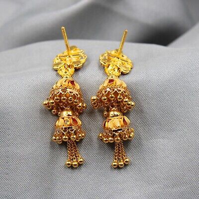 Ethnic Traditional 22kt Gold Handmade Indian Jewelry Yellow Design Jhumki K3654 | eBay Gold Jhumkas With Latkans For Celebration, Traditional Gold Jhumkas For Festivals, Elegant Round Jhumkas For Puja, Gold Plated Gold Jhumkas For Formal Occasions, Gold Plated Jhumkas For Formal Events, Gold Cutdana Jhumkas For Festivals, Gold Chandbalis With Tilla For Festivals, Gold Tilla Chandbalis For Festivals, Gold Jhumkas For Diwali Festive Occasion