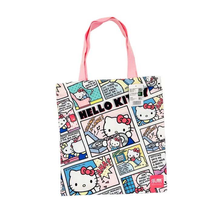 This Is For A New Hello Kitty Canvas Bag. It Has A Zipper Closure. It Measures Approx. 14”H X 13”W And Has An 8��” Drop Handle. Strip Design Pattern, Hello Kitty Canvas, Sanrio Handbags, Cute Comic, Sanrio Bag, Friend Canvas, Strip Design, White Tote Bag, Quilted Tote Bags