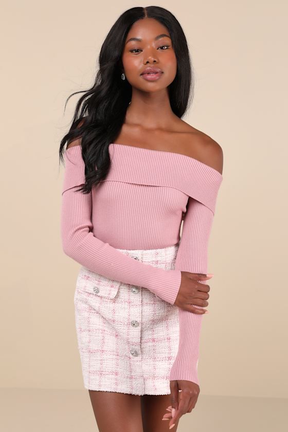 Compliments come easily when you're wearing the Lulus Casual Admiration Mauve Ribbed Off-the-Shoulder Sweater Top! Stretchy ribbed knit shapes this flattering sweater top that has an off-the-shoulder neckline with a fold-over design. Long sleeves frame the figure-fitting bodice that finishes at a perfectly tuckable hem. Fit: This garment fits true to size. Length: Size medium measures 17" from top to bottom. Bust: Great for any cup size. Waist: Fitted - stretchy fabric allows custom fit. Underga Ribbed Stretch Off-shoulder Sweater, Off-shoulder Ribbed Stretch Sweater, Stretch Ribbed Off-shoulder Sweater, Spring Off-shoulder Sweater, Trendy Off-shoulder Ribbed Sweater, Ribbed Off-shoulder Winter Tops, Winter Ribbed Off-shoulder Tops, Ribbed Off-shoulder Fitted Sweater, Fitted Ribbed Off-shoulder Sweater