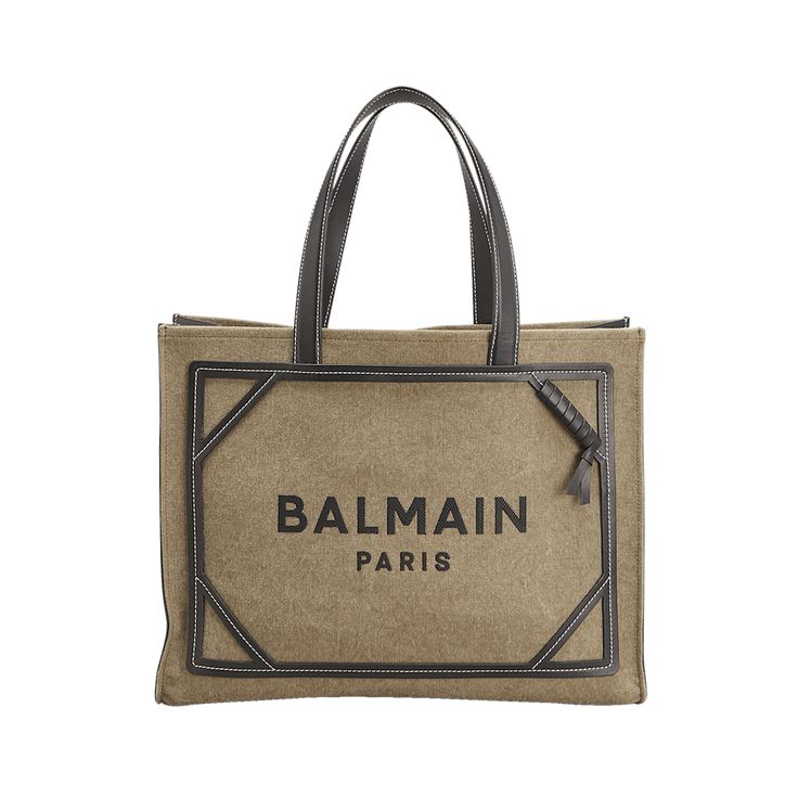 Balmain "B Army" tote bag in cotton, linen, and calf leather  Flat shoulder straps  Open top with hook closure; side snap closures  Interior, one flap pouch and one card slot  Approx. 16.5"H x 13.3"W x 5.9"D Spot clean Made in Italy Designer Medium Bags For Daily Use, Designer Medium Shopping Bag, Designer Canvas Shoulder Bag With Handles, Designer Canvas Shoulder Bag For Shopping, Designer Everyday Bag Medium Size, Designer Medium Bags For Everyday Use, Designer Everyday Medium Bag, Designer Medium Everyday Bag, Luxury Medium Bags For Errands