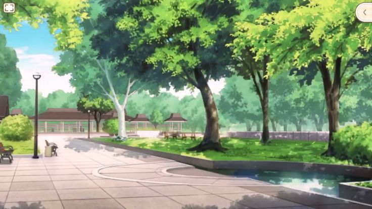 an animated image of a park with trees and people on bikes in the distance,