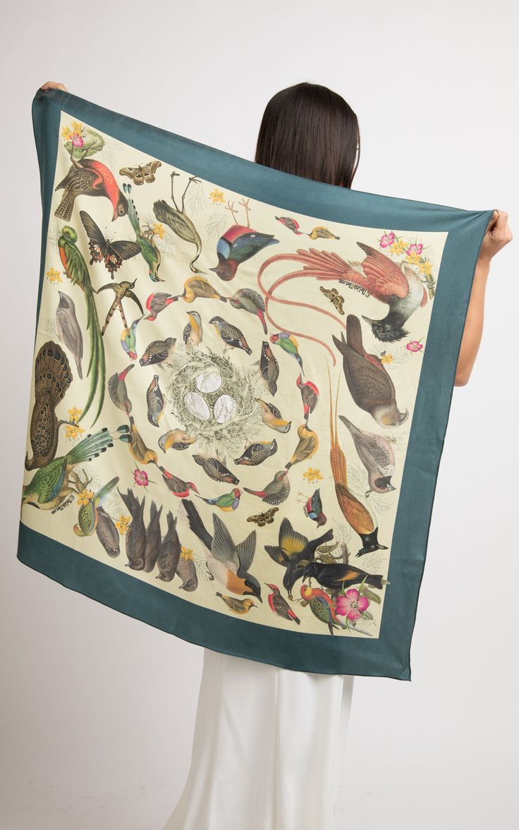 Birds symbolise infinite possibilities and the different species of these creatures shown on this scarf emanate that beautiful representation. The circular pattern formed by birds from vintage illustrations represents eternity which is the same as what birds embody. This silk scarf is an embodiment of the endless pursuit of dreams. This square scarf features a poetic design made from pure silk that are light and soft to touch. It complements any outfit. It can be styled in various ways - around Luxury Silk Scarf For Festivals With Traditional Drape, Luxury Floral Print Scarves, Luxury Printed Silk Scarf, Luxury Silk Scarf For Summer Gift, Luxury Square Silk Scarf, Elegant Style, Luxury Scarf For Spring Workwear, Luxury Casual Silk Scarf, Affordable Elegant Silk Scarf For Gift, Cheap Elegant Silk Scarf For Gift