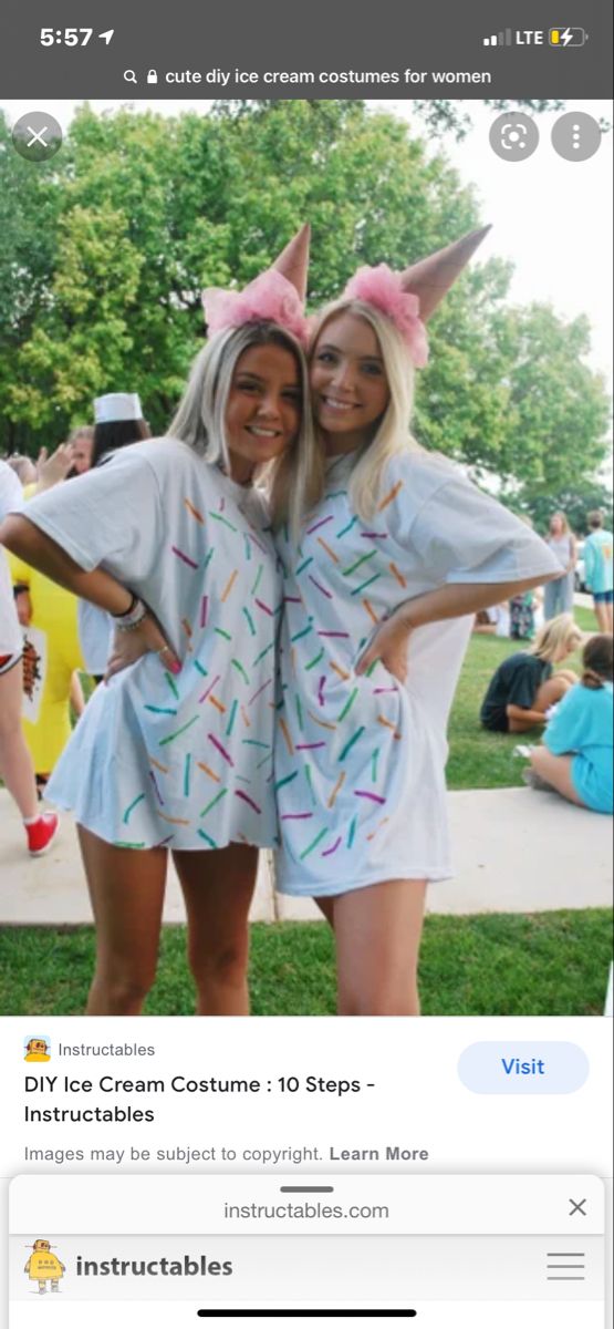 two women in unicorn costumes standing next to each other on instagrams with the caption, diy ice cream costume 10 steps