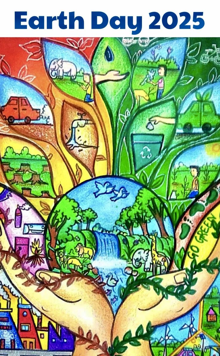 the earth day poster is shown with hands holding an image of trees and houses,