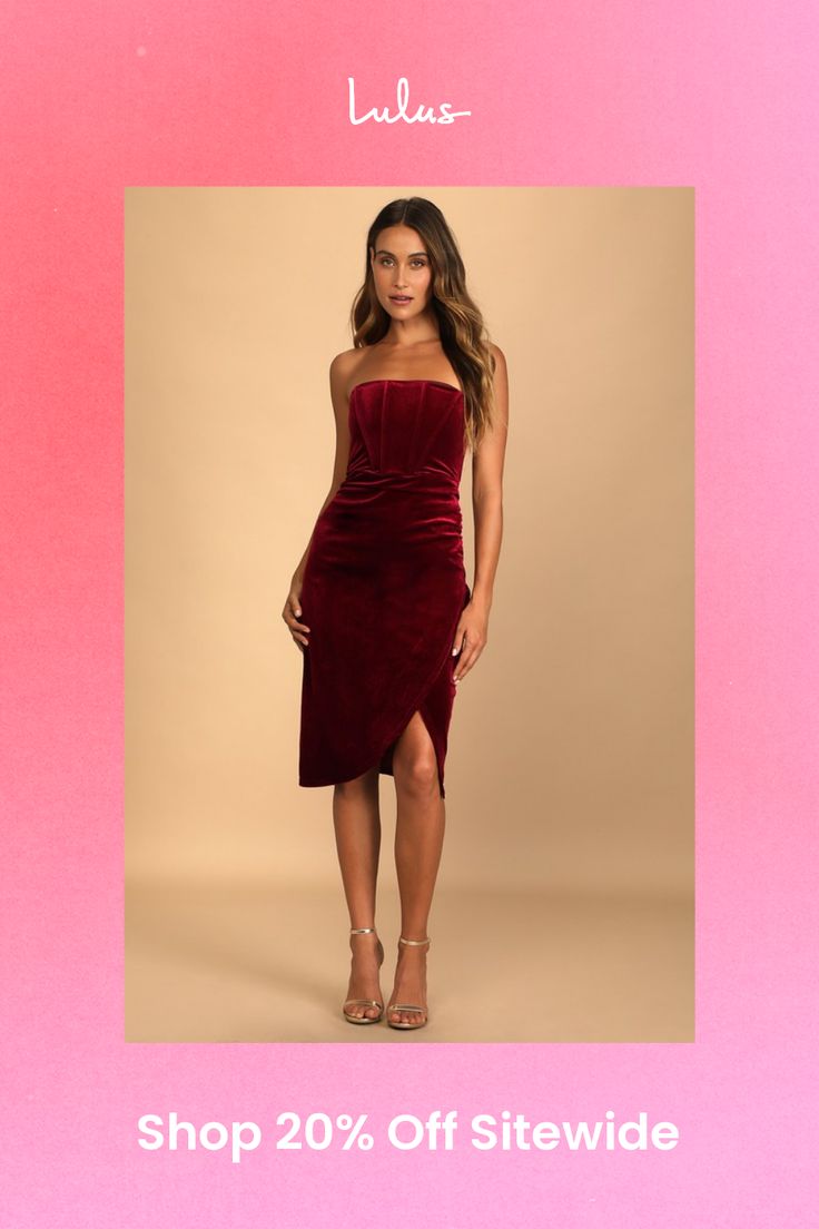 Grab a glass of bubbly and get ready to celebrate all night in the Lulus Glamorous Celebrations Wine Red Velvet Strapless Tulip Dress! Slightly stretchy velvet shapes this luxe dress that has a strapless neckline (with no-slip strips) and a boning-supported bodice. A high waist tops an overlapping tulip skirt that ends at a knee-grazing hem. Hidden back zipper/clasp. Fit: This garment fits true to size. Length: Knee Length. Size medium measures 36.5" from top to bottom. Bust: Great for any cup size. Waist: Fitted - very fitted at natural waist. Hip: Fitted - stretchy fabric allows room for hips. Undergarments: May be worn with a strapless bra, adhesive bra, petals, or no bra. Fabric: Fabric has some stretch. Dress Measures 8" Longer At Back. Lined to mid-thigh. Shell: 94% Polyester, 6% Spa Elegant Velvet Midi Dress For Night Out, Holiday Velvet Mini Dress For Cocktail Events, Glamorous Velvet Dress For Date Night, Chic Velvet Cocktail Dresses, Elegant Velvet Dress For Date Night, Glamorous Velvet Mini Dress For Cocktail, Glamorous Velvet Strapless Dress, Glamorous Velvet Cocktail Mini Dress, Glamorous Strapless Velvet Dress