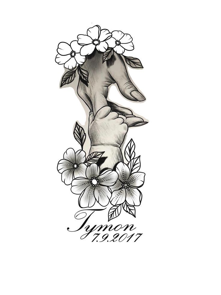 a black and white drawing of a hand with flowers on it's arm, holding the