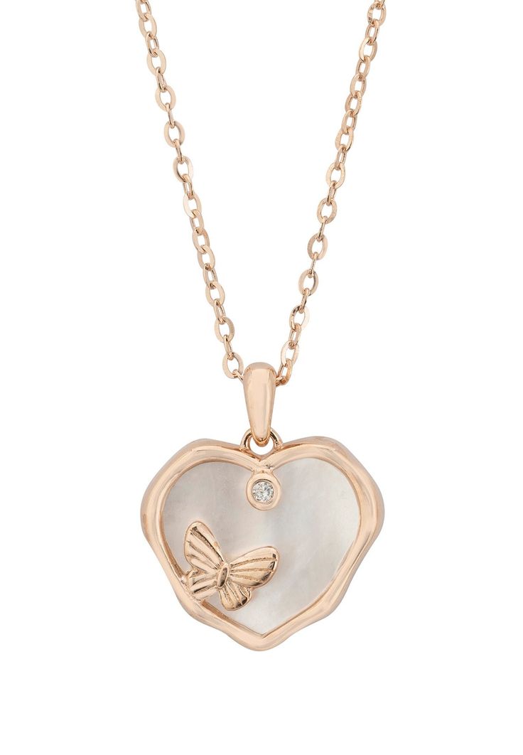 Introducing the enchanting Butterfly Heart Mother Of Pearl Pendant Necklace in Rosegold - a masterpiece that embodies love, transformation, and the gentle embrace of nature. Crafted with meticulous attention to detail, this exquisite necklace is made from the finest 925 sterling silver, lovingly dipped in lustrous 18ct rosegold. At the heart of this delicate creation lies a captivating heart-shaped pendant, cradling an ethereal slice of Mother of Pearl. This iridescent gem whispers tales of the Feminine Rose Gold Necklaces With Clavicle Chain, Feminine Rose Gold Necklace With Clavicle Chain, Luxury Rose Gold Heart Necklace, Luxury Heart-shaped Rose Gold Necklace, Feminine Rose Gold Pendant Necklaces, Elegant Rose Gold Heart Necklace With Delicate Chain, Delicate Rose Gold Heart Necklace For Mother's Day, Rose Gold Heart Pendant Necklace Fine Jewelry, Elegant Rose Gold Heart Pendant Necklace