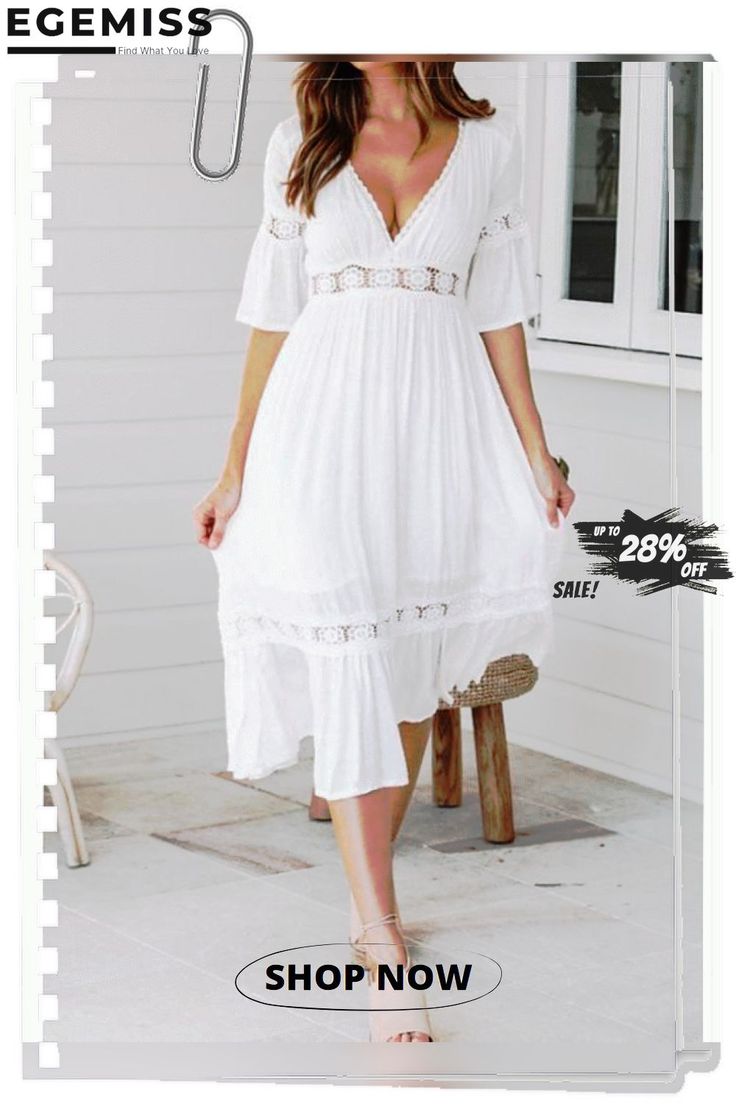 Women's Swing Dress Midi Dress - Half Sleeve Solid Colored Summer Spring & Summer V Neck Hot Beach Vacation Dresses Flare Cuff Sleeve White / Sexy White Dresses Beach Vacation Dresses, Vacation Dresses Beach, Hot Beach, Half Sleeve Dresses, White Dresses, Dress Midi, Vacation Dresses, Cuff Sleeves, Half Sleeve