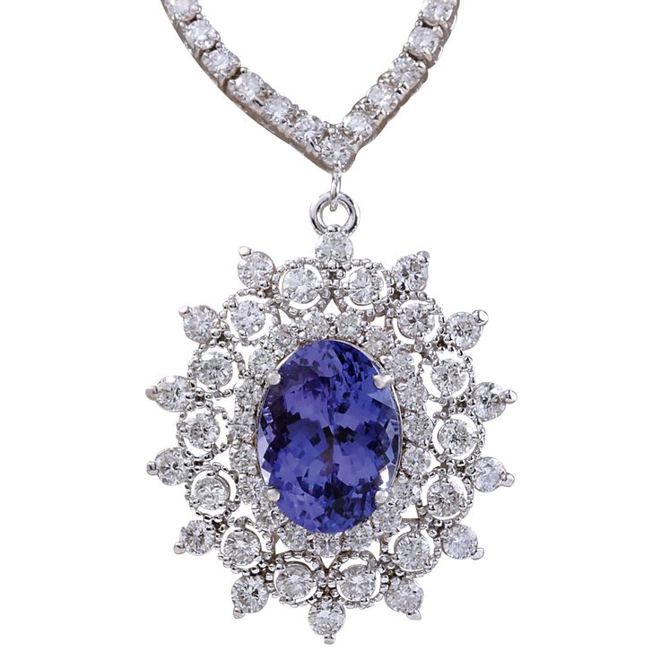 8.69 Carat Natural Tanzanite 14K White Gold Diamond Necklace - Fashion Strada White Gold Diamond Necklace, Necklaces White, Tanzanite Necklace, Tanzanite Jewelry, Tanzanite Diamond, White Gold Chains, Necklace Diamond, Gold Diamond Necklace, Expensive Jewelry