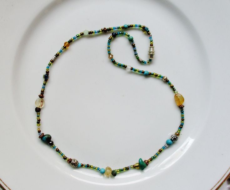 citrine turquoise seed bead artisan necklace 17.5 inches Long Single Strand Crystal Necklace For Jewelry Making, Spiritual Single Strand Long Necklace, Dainty Amber Round Jewelry, Artisan Green Jewelry For Festival, Dainty Round Amber Jewelry, Bohemian Single Strand Jewelry, Artisan Jewelry With Colorful Adjustable Beads, Turquoise Beaded Dangle Jewelry, Artisan Adjustable Colorful Beaded Jewelry