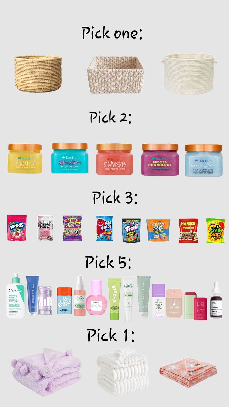 an image of the contents of a bath and body care product list with text that reads pick one pick 2 pick 3 pick 5