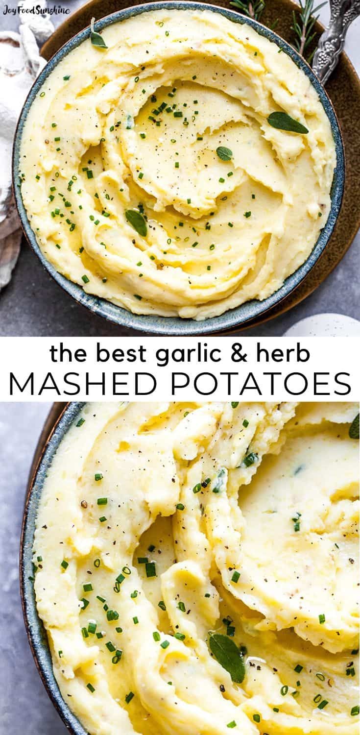 mashed potatoes in a pan with herbs on top and the words, the best garlic & herb mashed potatoes