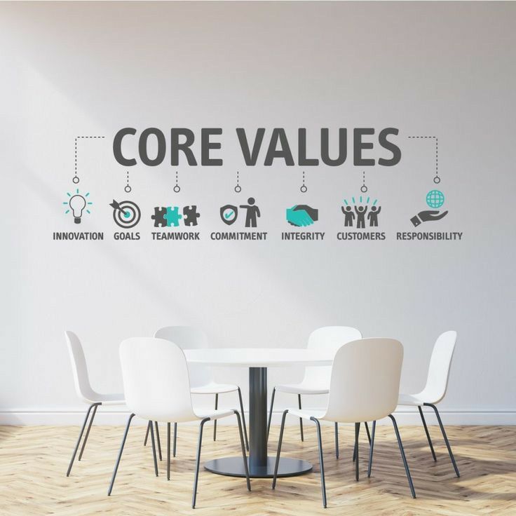 a wall decal with the words core values on it in front of a dining room table