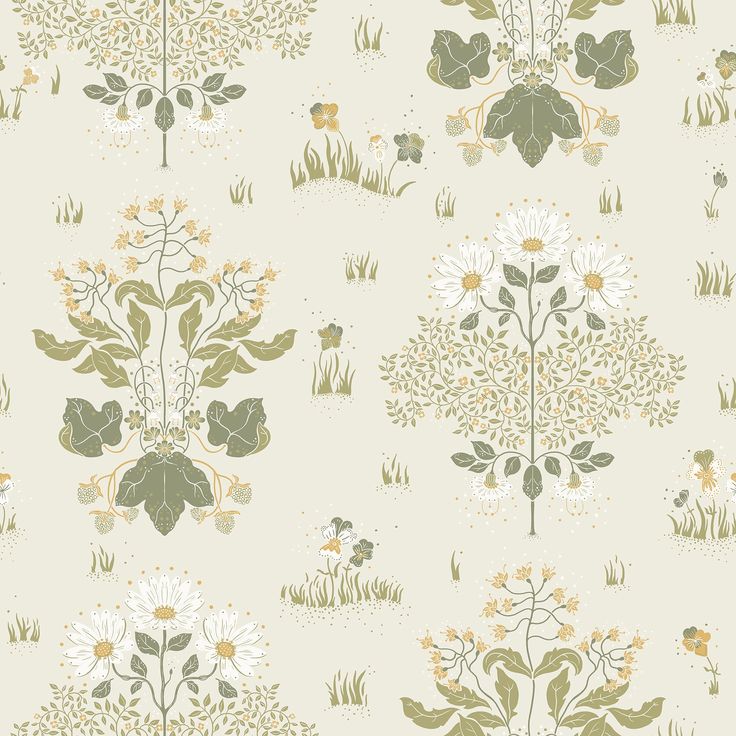 a wallpaper pattern with flowers and plants on the ground in green, yellow and white colors