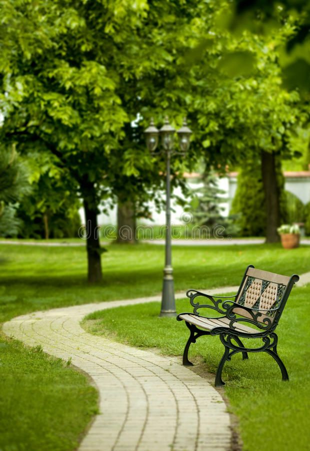 an empty park bench in the middle of a grassy area with trees and lampposts