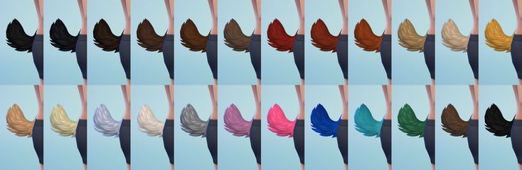 the colors of feathers are arranged in rows on a light blue background, and there is no image here to provide a caption for