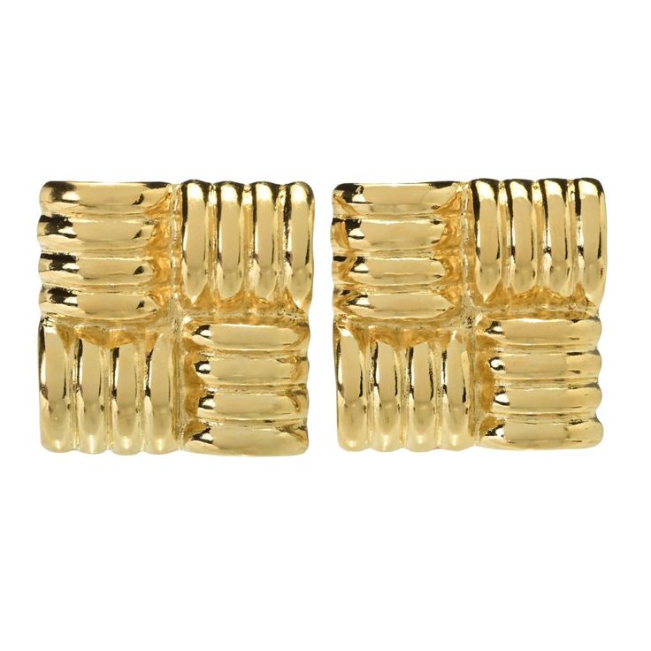 pair of gold tone cufflinks with square links on each side, set against a white background