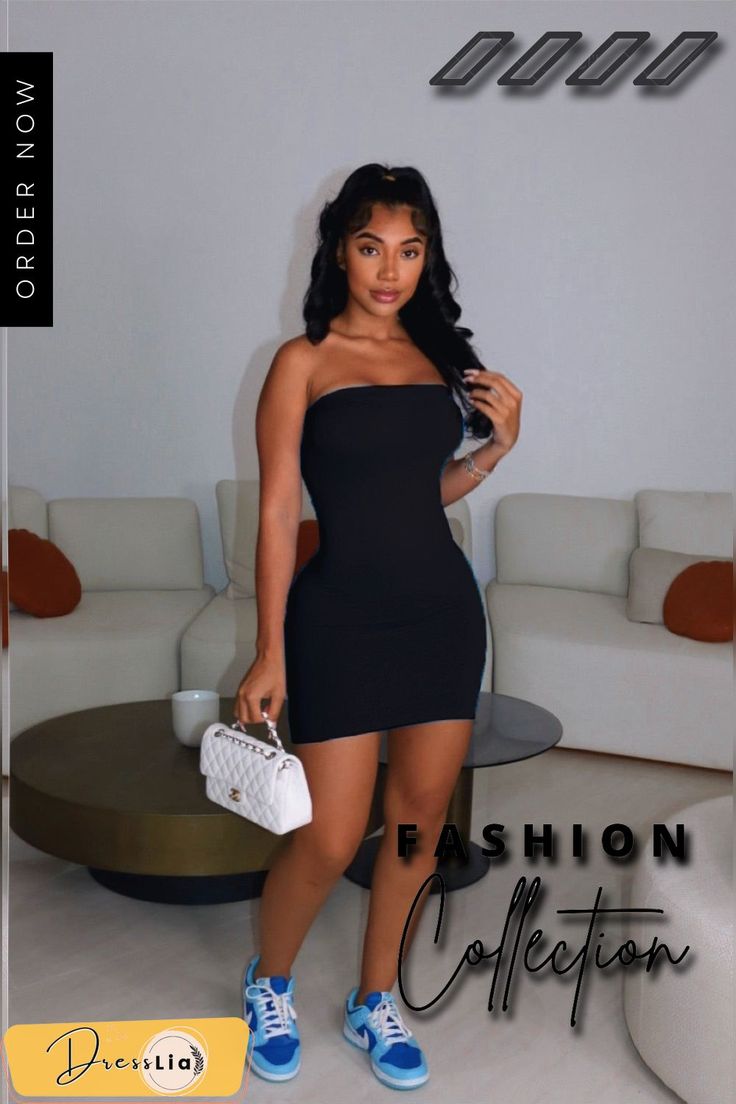 Solid Color Strapless Body Shaping Short Dresses Strapless Black Dress Short, Mini Dresses Casual, Short Strapless Dress, Strapless Dresses Short, Strapless Bodycon Dress, Outfit For Women, Tube Top Dress, Black Strapless Dress, Mini Dress Fashion