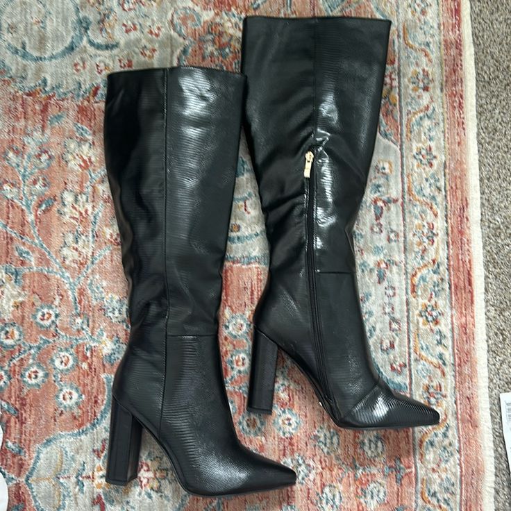 New With Tags! Great Knee High Boots For Fall! High Ankle Synthetic Heeled Boots For Formal Occasions, Black High Ankle Heeled Boots, Formal High Ankle Synthetic Heeled Boots, Elegant High Ankle Synthetic Boots, Wide Calf Synthetic Knee-high Boots For Party, Party Boots With Wide Calf In Synthetic Material, Party Boots With Wide Calf In Synthetic, Wide Calf Synthetic Boots For Party, Party Boots With Reinforced Heel And Tall Fit