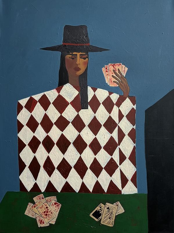 a painting of a woman holding playing cards in front of her face and wearing a black hat