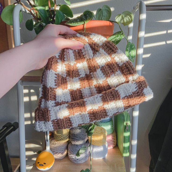 someone is holding up a crocheted dishcloth next to some potted plants