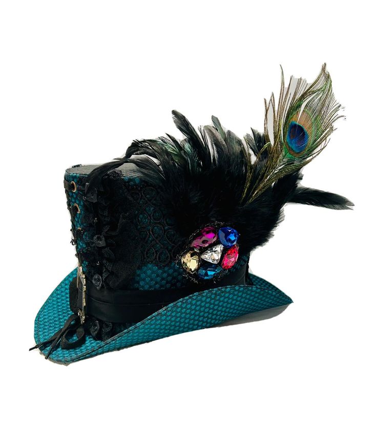 Top hat steampunk top hat Gothic tophat This is a stunning jade colour brocade top hat. It has from and back corseting and is fully lined. It has black lace trimming  with rose and bead detail. Furthermore it has a jewelled detail with rich feathers including a peacock feather. This hat is a size 58cm . All my hats are created individually and all are unique . Thank you for looking x Steampunk Fitted Brimmed Top Hat, Fitted Brimmed Hat For Themed Events, Steampunk Top Hat With Curved Brim For Costume, Gothic Top Hat With High Crown, Gothic High Crown Top Hat, Gothic Fitted High Crown Costume Accessories, Gothic Fitted Hat With Short Brim, Gothic Fitted Top Hat With High Crown, Gothic Fitted Brimmed Top Hat