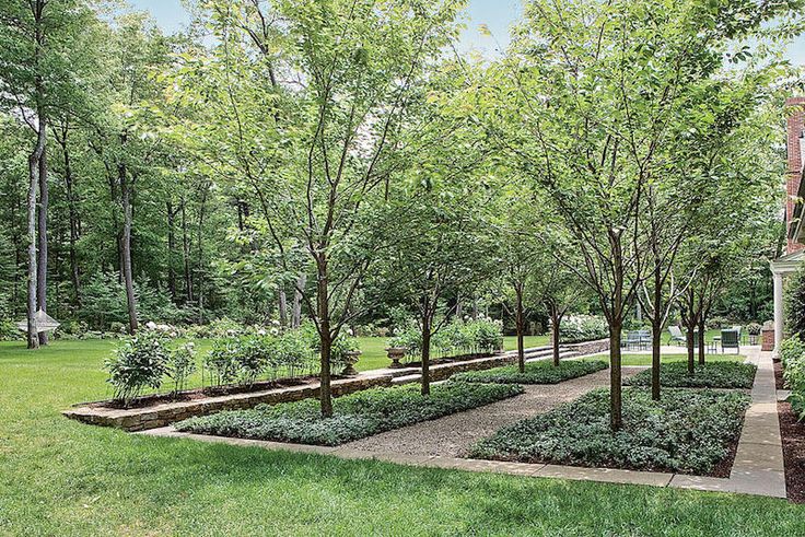 a garden with many trees and plants in it's center, surrounded by green grass