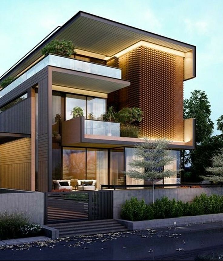 an artist's rendering of a modern house in the evening