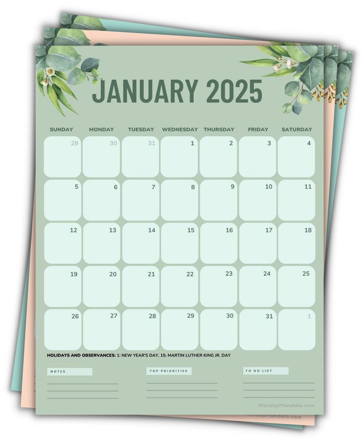 a calendar with green leaves on it