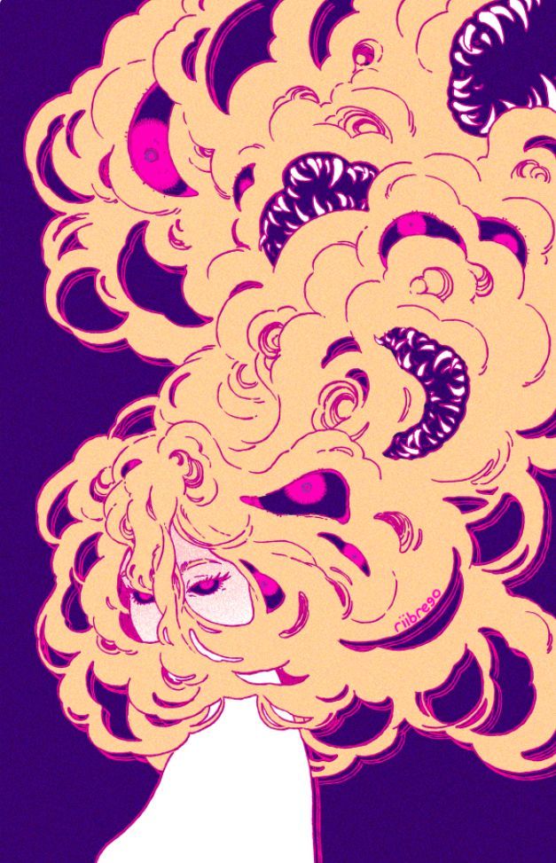 a drawing of a woman with blonde hair and big curls on her head, looking to the side