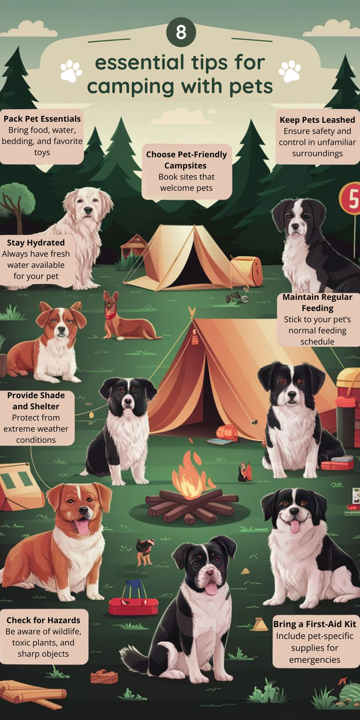 a poster showing different types of dogs in the woods and on the ground with tents