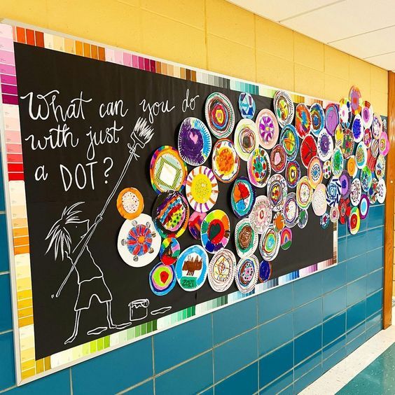 a school hallway with colorful tiles on the wall and a blackboard that says what can you do?