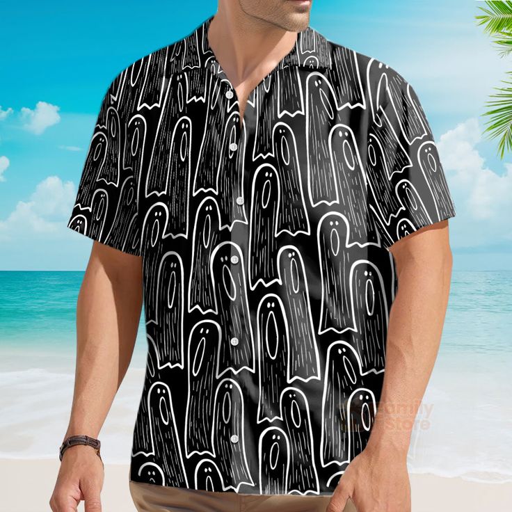 This custom Hawaiian shirt is a great gift idea, as well as a loose and comfy outfit that will keep you cool during the hot summer months. Coming up with a surprise for your loved ones is up to you. This present is appropriate for any occasion, and the receivers will surely love it! Product details: Material: Polyester fabric Feature: Featuring a spread collar, printed pattern all over the shirt, a front button fastening, short sleeves and a relaxed shape. The design is printed with new age prin Black Crew Neck Camp Shirt For Summer, Casual Black Camp Shirt For Beach Season, Funny Short Sleeve Vacation Shirt, Spooky Black Summer Top, Black Shirt With Custom Print For Summer, Black Novelty T-shirt For Summer, Novelty Black T-shirt For Summer, Fun Black Summer Shirt, Black Tops With Funny Print For Vacation