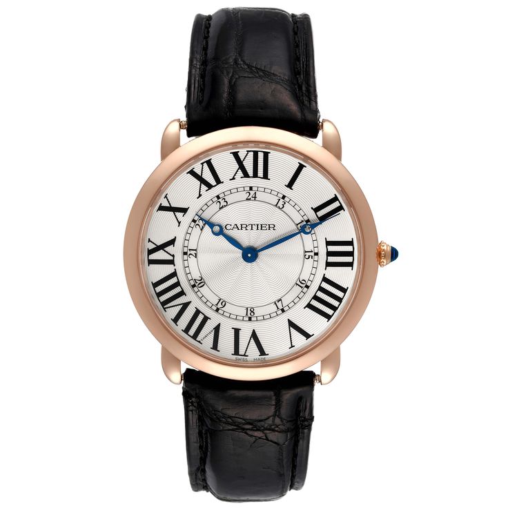 Cartier Ronde Louis Rose Gold Silver Dial Mens Watch W6801004. Manual winding movement. 18k rose gold case 42.0 mm in diameter. Circular grained crown set with the blue sapphire cabochon. . Scratch resistant sapphire crystal. Silvered grained dial. Painted black roman numerals. Apple shaped blued steel hands. Secret cartier signature at VII. Black leather strap with the 18K rose gold tang buckle. Cartier Ronde, Sapphire Cabochon, 2022 Style, Apple Shaped, Cartier Watch, Rose Gold Case, Luxury Timepieces, Crocodile Leather, Gold Case