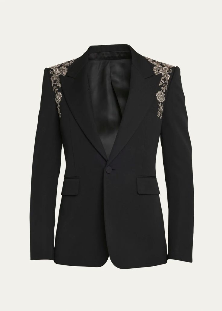 Alexander McQueen Men's Embroidered Harness Tuxedo Jacket - Bergdorf Goodman Suit Harness Men, Luxury Tailored Embellished Outerwear, Luxury Long Sleeve Outerwear With Floral Embroidery, Luxury Formal Outerwear With Floral Embroidery, Luxury Floral Embroidered Formal Outerwear, Luxury Floral Embroidery Formal Outerwear, Designer Tailored Embellished Outerwear, Tailored Embellished Outerwear, Luxury Formal Blazer With Floral Embroidery