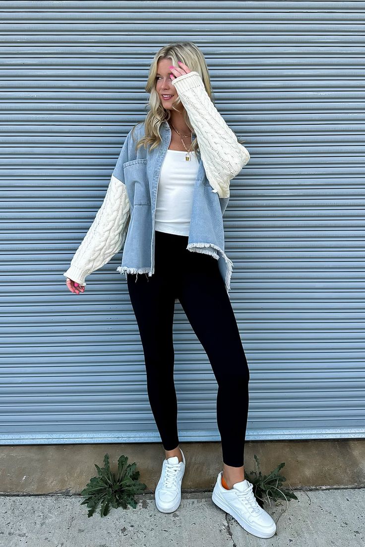 Details: Get ready to rock the fashion world with our Remy Contrast Knit Denim Jacket! Designed with a jacket body and relaxed fit, this shacket boasts stylish sweater sleeves and chest pockets. The distressed hemline adds a touch of edge to this collared button down. Get ready to turn heads and make a statement! - Contrast Cable knit detail - Relaxed fit Content: 100% Cotton Size + Fit: Model is 5'9" and wearing a Small - Measurements from a size Small are approx - Full length: 28"(Front) 32"(B Trendy Cotton Outerwear For Casual Gatherings, Trendy Cotton Outerwear For Casual Wear, Chic Relaxed Fit Denim Jacket For Winter, Denim Long Sleeve Outerwear For Casual Gatherings, Casual Long Sleeve Denim Outerwear, Trendy Light Wash Shacket For Fall, Trendy Fall Outerwear For Casual Gatherings, Relaxed Fit Denim Jacket For Fall Layering, Chic Light Wash Denim Vest For Fall