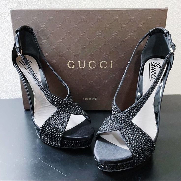 Authentic Gucci Elegant "Sofia Etoile" Size: 38 Brand New Never Worn Only Tried On Includes Gucci Box & Gucci Dust Bag Originally $1,195 + Tax!! These Beautiful Gucci Strappy Sandals Are Beautifully Designed To Pair With Any Of Your Party & Evening Looks Authentic Gucci Elegant "Sofia Etoile" In Dramatic Black Patent Leather, Suede & Satin Encrusted W/ Black Shimmering Crystals Criss-Cross Stiletto Heels Rounded Toe Buckled Ankle Strap Closed Heel 5 1/4" High Stiletto Heel & 1.5" Platform See Ph Luxury Gucci Heels For Gala, Glamorous Embellished Formal Heels, Gucci Luxury Heels For Gala, Luxury Gucci Heels For Cocktail Events, Gucci Embellished High Heels, Glamorous Embellished Heels For Formal Occasions, Luxury Rhinestone Heels For Gala, Glamorous Gucci Evening Heels, Designer Embellished Heels For Gala